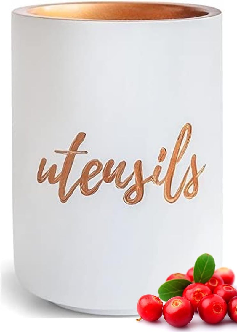 styled settings White Ceramic Utensil Holder with Interior Copper Finish - Large and Sturdy Spatula Holder - Rose Gold Kitchen Accessories, Stylish Countertop Utensil Organizer - Image 1